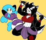 5_fingers abs anthro asian_clothing bare_shoulders biceps big_breasts black_body black_fur black_hair blue_hair bottomwear breast_scar breasts cleavage cleavage_cutout clothed clothing cutout duo east_asian_clothing eyeliner eyewear facial_scar female fingers fist fur glasses grimace hair hands_behind_head holding_melee_weapon holding_object holding_sword holding_weapon japanese_clothing kimono makeup melee_weapon midriff muscular muscular_female navel pose round_glasses scar shorts simple_background sunglasses sword tail topwear vest weapon white_body white_fur wool_(fur) wristband yellow_background yellow_eyes jaq_artz hachimitsu shep_(anaugi) bovid canid canine canis caprine domestic_dog mammal sheep 2025 hi_res