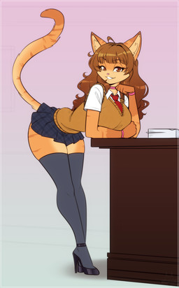 anthro big_breasts bottomwear breasts brown_eyes brown_hair choker clothing eyebrow_through_hair eyebrows eyelashes female footwear fur furniture hair high_heels inner_ear_fluff jewelry legwear necklace necktie orange_body orange_fur paper school_uniform shoes skirt smile solo striped_body striped_fur stripes table tan_body tan_fur thigh_highs translucent translucent_hair tuft uniform wristband scorpdk domestic_cat felid feline felis mammal 2026 absurd_res hi_res