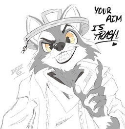 anthro black_nose chest_tuft clenched_teeth clothed clothing dialogue eyebrows fangs furgonomic_headwear furgonomics hat headgear headwear jacket looking_at_viewer male open_clothing open_jacket open_topwear raised_eyebrow solo teeth teeth_showing text topwear trash_can trash_can_lid tuft v-neck whiskers yellow_eyes dipsydrip epic_games fortnite rufus_(fortnite) mammal procyonid raccoon english_text hi_res monochrome signature sketch