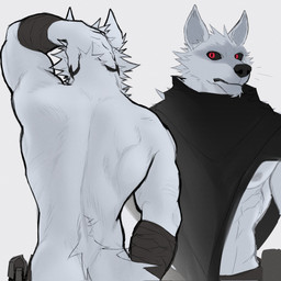 anthro black_claws black_cloak black_clothing black_nose black_pawpads black_sclera claws cloak clothing fur grey_body grey_fur male pawpads red_eyes solo kojiray dreamworks puss_in_boots_(franchise) death_(puss_in_boots) canid canine canis mammal wolf 1:1 2026 hi_res