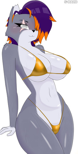 anthro big_breasts bikini blind_eye blush bodily_fluids breasts clothing eye_scar facial_scar female fluffy glistening glistening_body gold_bikini grey_body hair looking_at_viewer multicolored_body multicolored_hair orange_hair purple_hair scar simple_background solo swimwear text thick_thighs two-piece_swimsuit two_tone_body two_tone_hair wide_hips s-hard golden_week becky_(s-hard) domestic_cat felid feline felis mammal 2026 absurd_res artist_name digital_drawing_(artwork) digital_media_(artwork) hi_res