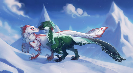 ambiguous_gender claws duo eye_contact feathers feet feral looking_at_another mountain outside sky smile snow standing tail teeth toes wings winter tlt_echelon dinosaur prehistoric_species reptile scalie 2026 digital_drawing_(artwork) digital_media_(artwork) hi_res
