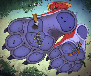 4_toes anthro barefoot blonde_hair blue_pawpads bottomwear claws clothed clothing crush destruction dirty dirty_feet extreme_size_difference feet female foot_fetish foot_focus foot_play footwear fur group hair hat headgear headwear horn larger_anthro larger_male low-angle_view macro male micro orange_body pawpads paws plant plantigrade red_body red_fur size_difference smaller_anthro smaller_male soles stomping tail text toe_claws toes topwear trio underfoot yellow_eyes fandroit mythology cirez deviltod arthropod demon demon_humanoid fly_(animal) humanoid hymenopteran insect lagomorph leporid mammal mouse murid murine mythological_creature rabbit rodent english_text hi_res