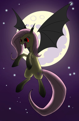 bat_wings cutie_mark fangs female flying hair membrane_(anatomy) membranous_wings moon outside pink_hair red_eyes sky solo star teeth wings underpable friendship_is_magic hasbro my_little_pony flutterbat_(mlp) fluttershy_(mlp) bat_pony equid hybrid mammal vampire 2013 hi_res