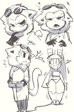 ambiguous_gender anthro bodily_fluids clothing coat controller cord duo electricity eyewear female goggles lab_coat looking_back machine narrowed_eyes open_mouth sweat sweatdrop tail text thick_thighs thinking topwear sanjiro chao_pyon_pyon golden_snub-nosed_monkey haplorhine lagomorph leporid mammal monkey old_world_monkey primate rabbit robot robot_anthro snub-nosed_monkey japanese_text sketch translated