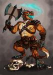 5_fingers 5_toes anklet anthro armor axe battle_axe biped black_claws blue_eyes blue_fire blue_tongue bone bottomwear bracelet breath_powers brown_body brown_nipples brown_scales claws clothed clothing colored_fire countershade_tail countershade_torso countershading digitigrade dipstick_tail double_bitted_axe ears_back elemental_manipulation fangs feet fighting_pose fingers fire fire_breathing fire_manipulation fist gauntlets gloves gradient_background green_body green_scales grey_background handwear holding_object holding_weapon horn humanoid_hands jewelry labrys leather leather_armor long_tail looking_away male markings melee_weapon multi_horn multicolored_body multicolored_scales multicolored_tail muscular muscular_anthro muscular_male navel nipple_piercing nipples notched_ear open_mouth orange_body orange_scales pecs piercing pivoted_ears pose pteruges pupils raised_leg ribbons scales shorts shoulder_guards simple_background skull small_pupils solo spade_tail spiked_bracelet spikes standing tail tail_markings tan_body tan_countershading tan_scales teeth toe_claws toes tongue topless tusks warrior weapon hyena-teeth mythology dragon lizardman mythological_creature mythological_scalie scalie 2017 absurd_res digital_media_(artwork) full-length_portrait hi_res portrait shaded soft_shading watermark