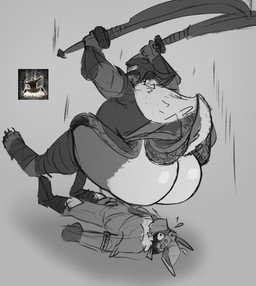 anthro big_breasts bottomless breasts clothed clothing duo female female_anthro holding_melee_weapon holding_object holding_sword holding_weapon huge_breasts imminent_crush jumping lying male male_anthro melee_weapon motion_lines mouth_closed on_back overweight overweight_anthro overweight_female simple_background sword topwear weapon wide_eyed jezzlen chuy_(jezzlen) mollie_(jezzlen) asinus canid canine canis domestic_dog donkey equid equine mammal hi_res monochrome sketch