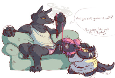 amber_eyes anthro barefoot bdsm black_body black_fur black_nose blush bondage bound cigarette clothed clothing collar dialogue dominant dominant_female duo feet female female/female fluffy fluffy_tail fur furniture hair kneeling leash muzzle_(object) muzzled panties paws pink_eyes pink_hair shirt simple_background sitting smoking sofa spread_legs spreading submissive submissive_female tail tank_top text topwear underwear white_background yellow_sclera nobby_(artist) disney pack_street zootopia aurelina_canidae betty_(weaver) fan_character canid canine canis mammal wolf english_text