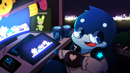 anthro blue_eyes computer electronics furniture headphones heart_symbol inside keyboard looking_at_viewer male monitor open_mouth sitting smile table text young young_anthro young_male eisuke_art lagomorph leporid mammal mouse murid murine rabbit rodent 16:9 2017 english_text hi_res korean_text translated widescreen