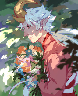 abstract_background bouquet clothed clothing fangs hair horn humanoid_pointy_ears long_hair male male_humanoid mouth_closed pointy_ears ponytail red_clothing red_eyes red_topwear side_view solo teeth topwear white_hair yellow_horn corzh77 humanoid absurd_res hi_res