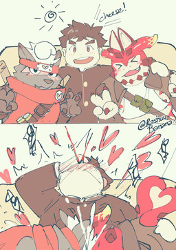 accessory anime_nosebleed anthro blood blush bodily_fluids collaborative collaborative_fellatio collaborative_oral collaborative_sex cum fellatio genital_fluids group group_sex headband humor male male/male nosebleed offscreen_sex oral orgasm penile sex threesome trio rashuubanana lifewonders mythology tokyo_afterschool_summoners chubby_protagonist_(tas) cthugha_(tas) protagonist_(tas) tadatomo_(tas) canid canine canis domestic_dog dragon human mammal mythological_creature mythological_scalie scalie absurd_res hi_res