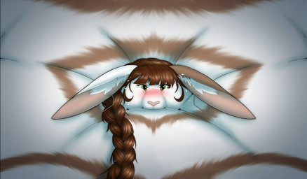 anthro blush brown_hair ear_piercing female fur green_eyes hair immobile inflation multicolored_body multicolored_fur piercing pink_nose solo white_body white_fur white_inner_ear swatchfodder lagomorph leporid mammal rabbit hi_res shaded female_(lore)