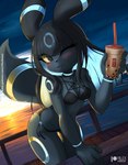 anthro beverage bikini blush breasts bubble_tea clothing female holding_beverage holding_object medium_breasts one_eye_closed solo sunset swimwear two-piece_swimsuit wink rilex_lenov nintendo pokemon rika_(rilex_lenov) eeveelution generation_2_pokemon pokemon_(species) shiny_pokemon umbreon 2023 hi_res