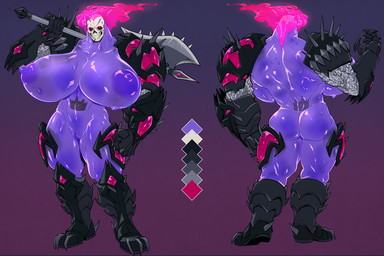 armor axe big_breasts big_nipples bone boots breasts clothing crown crystal dangerous female fire flaming_hair footwear gauntlets gloves handwear headgear mature_female muscular muscular_female nipples pseudo_hair shoes skull skull_head solo spikes teratophilia cosmicdanger xylax_(homura) humanoid monster hi_res model_sheet