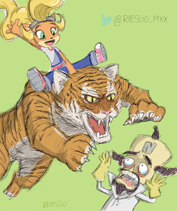 anthro attack countershading female group male pounce riding riding_on_back screaming sketchy smile trio rriesgo activision crash_bandicoot_(series) coco_bandicoot doctor_neo_cortex bandicoot felid human mammal marsupial pantherine tiger digital_media_(artwork) hi_res oekaki