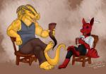 anthro beverage claws clothed clothing collar drinking_horn duo ear_fins fin fully_clothed gold_body holding_beverage holding_object horn male purple_sclera red_body simple_background sitting smile tankard yellow_eyes conditional_dnp oli_snowpaw dungeons_and_dragons hasbro wizards_of_the_coast jincrath_talmaar yanic dragonborn_(dnd) kobold scalie 2018 digital_media_(artwork)