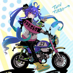 accessory black_clothing black_leggings black_legwear blue_eyes blue_hair blue_tail boots clothing female footwear gesture gradient_tail grin grinning_at_viewer hair hair_accessory hair_ribbon hand_gesture heterochromia hoodie leggings legwear looking_at_viewer motorcycle on_motorcycle pink_eyes plushie ribbons sharp_teeth shoes smile smiling_at_viewer solo tail teeth text topwear twintails_(hairstyle) vehicle yellow_boots yellow_clothing yellow_footwear youtsumiki cygames honda honda_monkey uma_musume_pretty_derby twin_turbo_(pretty_derby) animal_humanoid equid equid_humanoid equine equine_humanoid horse_humanoid humanoid mammal mammal_humanoid 1:1 2023 character_name