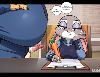 animal_genitalia animal_penis anthro balls belly big_belly big_breasts biped black_bars blue_clothing bored breasts carrot_pen chair claws clipboard clothed clothing detailed_background dialogue door ears_down eyebrows eyelashes feline_genitalia feline_penis female front_view frown fur furniture genitals grey_body grey_fur half-closed_eyes hand_on_belly hand_on_head holding_object holding_pen inside larger_anthro larger_male male markings morbidly_obese morbidly_obese_anthro morbidly_obese_male multicolored_body multicolored_fur narrowed_eyes necktie obese obese_anthro obese_male overweight overweight_anthro overweight_male pen pen_(object) penile_spines penis pink_nose pivoted_ears police police_officer police_station police_uniform pupils purple_eyes sexual_harassment sheath sitting size_difference solo speech_bubble spots spotted_body spotted_fur standing table talking_to_another tawny_fur text throbbing throbbing_penis two_tone_body two_tone_fur uniform unprofessional_behavior white_body white_fur white_sclera yellow_body yellow_fur lollipopcon disney zootopia benjamin_clawhauser judy_hopps cheetah felid feline lagomorph leporid mammal rabbit 2026 digital_drawing_(artwork) digital_media_(artwork) english_text hi_res letterbox