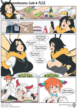 antennae_(anatomy) appliance big_breasts black_hair black_sclera blender_(machine) blue_eyes breasts cleavage clothed clothing cooking eye_contact eyelashes facial_markings female female_humanoid food forehead_markings glistening glistening_body group hair hair_between_eyes head_markings holdiing_phone holding_knife holding_object horn humanoid_pointy_ears insect_wings kitchen_appliance knife long_hair looking_at_another markings monster_girl_(genre) neck_tuft one_eye_closed open_mouth orange_hair paper_bag pink_eyes pointy_ears red_horn salad short_hair text tuft white_hair wings randomtanstudio mythology chris_(randomtanstudio) miko_(randomtanstudio) niko_(randomtanstudio) ryu_(randomtanstudio) animal_humanoid aquatic aquatic_humanoid arthropod arthropod_humanoid bee_humanoid crustacean crustacean_humanoid dragon dragon_humanoid humanoid hymenopteran hymenopteran_humanoid insect insect_humanoid mythological_creature mythological_scalie scalie shrimp shrimp_humanoid comic english_text hi_res sibling_(lore) sister_(lore) sisters_(lore)