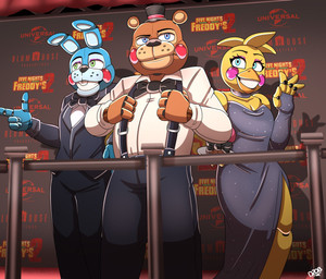 anthro beak bow_tie breasts cleavage clothed clothing dress female gesture group implied_audience male pose text trio waving dino20bryan five_nights_at_freddy's five_nights_at_freddy's_2 scottgames toy_bonnie_(fnaf) toy_chica_(fnaf) toy_freddy_(fnaf) avian bear bird chicken galliform lagomorph leporid mammal phasianid rabbit robot_anthro english_text hi_res