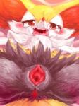 2016 3:4 anthro anus black_body black_fur blush bodily_fluids braixen breath canid canine censored clitoris digital_media_(artwork) erect_nipples fangs female fur gaping gaping_pussy generation_6_pokemon genitals ineffective_censorship inner_ear_fluff kemono looking_at_viewer lying mammal multi_nipple multicolored_body multicolored_fur nintendo nipples on_back open_mouth orange_body orange_fur orange_nose panting pokemon pokemon_(species) pussy red_body red_eyes red_fur roinome saliva semi-anthro snot solo spread_legs spread_pussy spreading tears teeth tongue tuft white_body white_fur yellow_body yellow_fur