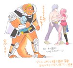 anthro armor blue_body bottomwear carrying_another clothing group humanoid_hands male orange_body pants text kobu4chan dragon_quest dragon_quest:_the_adventure_of_dai square_enix chiu crocodine hyunckel maam human mammal 2022 hi_res japanese_text