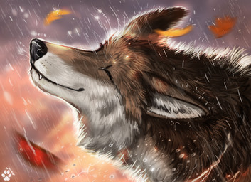 black_nose brown_body brown_fur eyes_closed feral fur raining smile solo white_body white_fur flashw canid canine canis mammal wolf 2022 digital_media_(artwork) digital_painting_(artwork) headshot_portrait painting_(artwork) portrait