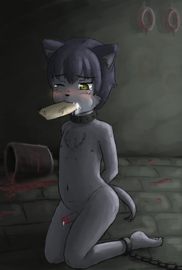 anthro black_nose blush bodily_fluids bound bucket censor_bar chain chained collar container cum cum_in_mouth cum_inside disembodied_penis duo fellatio fur genital_fluids genitals grey_body grey_fur grey_hair hair human_on_anthro ineffective_censorship inside interspecies kneeling male male/male nipples nude one_eye_closed oral penile penis sex shota tears yellow_eyes young young_anthro young_male elsr.lobo canid canine human mammal 2015 absurd_res censored hi_res