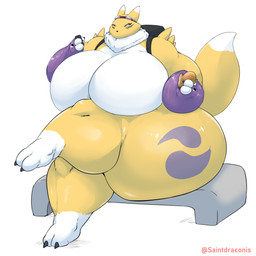 anthro backpack big_breasts breasts countershading crossed_legs delivery_(commerce) delivery_employee eating electronics eyewear featureless_breasts female food_delivery goggles huge_breasts huge_hips huge_thighs hyper hyper_breasts mostly_nude obese obese_anthro obese_female overweight overweight_anthro overweight_female phone simple_background sitting solo thick_thighs wide_hips saintdraconis bandai_namco digimon cleo_(saintdraconis) canid digimon_(species) mammal renamon 1:1 absurd_res full-length_portrait hi_res portrait