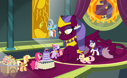 accessory alternate_hairstyle alternate_timeline apple apple_cart armor axe banana black_eyeliner blue_eyeshadow bracelet butt cake canterlot canterlot_castle cart cloth clothing crossed_arms crown curtains dessert egyptian egyptian_clothing egyptian_headdress eyeliner eyeshadow female file flying folded_wings food fruit furniture group grumpy headband headdress headgear helmet horn inside jewelry levitation light lying magic makeup melee_weapon mouth_hold nail_file neckband necklace neckwear on_front painting palace palm_axe pastry pie pillar plant polearm polishing priest purple_eyeshadow reclining regalia scroll servant smile stained_glass sticker sunlight table tablecloth tail tail_wraps telekinesis tiara two_toned_coat unimpressed weapon wings wraps yoke badumsquish friendship_is_magic hasbro my_little_pony mythology applejack_(mlp) fluttershy_(mlp) pinkie_pie_(mlp) rainbow_dash_(mlp) rarity_(mlp) sphinx_(mlp) twilight_sparkle_(mlp) earth_pony equid equine felid horse mammal mythological_creature mythological_equine mythological_sphinx pegasus pony unicorn absurd_res hi_res story story_in_description