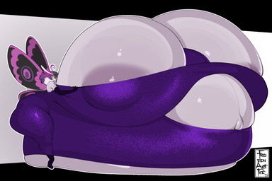 antenna_hair antennae_(anatomy) areola areola_slip armwear beak belly big_belly big_breasts big_butt biped breasts butt clothed clothing dress elbow_gloves female fur gloves green_eyes hair handwear huge_belly huge_breasts hyper hyper_belly hyper_breasts insect_wings lepidopteran_wings navel neck_tuft nipples overweight purple_body purple_clothing purple_dress purple_hair purple_nipples purple_wings simple_background sitting_on_belly smile standing thick_thighs tuft white_body white_fur wide_hips wings frozenartifice arthropod insect lepidopteran moth 2026 3:2 digital_media_(artwork) hi_res