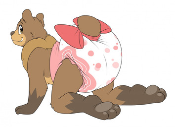 4_toes accessory all_fours anthro bow_(feature) bow_ribbon brown_body brown_fur brown_nose butt clean_diaper clothed clothing diaper diaper_fetish diaper_only feet femboy fur furgonomics male pawpads pink_diaper ribbons short_tail simple_background smile solo tail tail_accessory tail_bow tail_ribbon toes topless wearing_diaper white_background yellow_eyes bubblepuppers mockthebear bear brown_bear grizzly_bear mammal ursine 2017