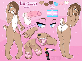 anthro blue_eyes brown_body brown_hair butt cigarette finger_in_mouth foreskin freckles fur genitals hair lgbt_pride long_ears male open_mouth penis piercing presenting presenting_hindquarters pride_colors shaved_sides solo teeth transgender_pride_colors white_body white_fur sshartfest lu_(lucy_pup) canid canine canis domestic_dog mammal hi_res model_sheet trans_(lore) trans_woman_(lore)