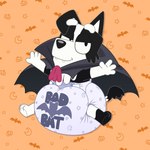 anthro big_diaper black_nose cape clothing diaper eyebrows fangs fur furgonomics huge_diaper male multicolored_body multicolored_fur orange_background purple_diaper simple_background snout solo teeth text text_on_diaper vampire_costume white_eyebrows young tenerius bluey_(series) mackenzie_border_collie border_collie canid canine canis collie domestic_dog herding_dog mammal pastoral_dog sheepdog absurd_res hi_res