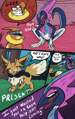 4_panel_comic accessory ambiguous_gender anthro biped black_cape black_clothing black_eyes black_nose black_text bodily_fluids brown_body brown_fur brown_hair cape clenched_teeth clothing crouching dialogue empty_eyes eyelashes eyes_closed feral fluffy fluffy_tail fur grass group hair headband heart_symbol inner_ear_fluff motion_lines open_mouth open_smile paws plant quadruped question_mark red_heart saliva sharp_teeth smile speech_bubble standing tail talking_to_another teeth text tongue translucent translucent_hair tree trio tuft white_eyes white_sclera white_text wounded zincxiron nintendo pokemon pokemon_mystery_dungeon spike_chunsoft virmir_(character) buizel eevee generation_1_pokemon generation_4_pokemon generation_8_pokemon inteleon pokemon_(species) shiny_pokemon 2026 absurd_res comic english_text hi_res female_(lore) male_(lore)