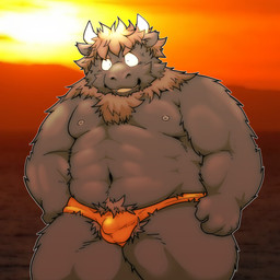 anthro balls_outline bulge clothing detailed_bulge genital_outline humanoid_hands kemono male musclegut muscular nipples outside penis_outline solo sun underwear suishou0602 bovid bovine cattle mammal 1:1 2016