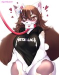 anime_eyes anthro big_breasts blush blush_lines breasts clothed clothing collar envelope envelope_in_mouth female fur hair hearts_around_head kemono leash looking_at_viewer seductive shirt shirt_pulled_down simple_background smile solo tail thick_thighs topwear bat_squeaks metallica domestic_cat felid feline felis mammal hi_res