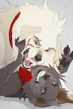 angry big_fangs black_claws black_collar black_nose black_pawpads bodily_fluids claws collar collar_only collar_tag dripping duo eye_contact eyebrows facial_scar fangs feral fight floppy_ears fur grey_body grey_eyes grey_fur looking_at_another lying male nude on_back open_mouth pawpads red_collar saliva saliva_drip scar simple_background tan_eyebrows teeth white_body white_fur azzai canid canine canis domestic_dog mammal 2024 2:3 colored colored_sketch digital_drawing_(artwork) digital_media_(artwork) shaded sketch