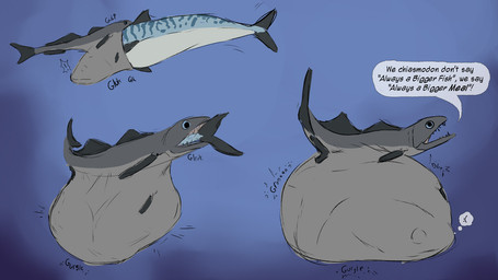 ambiguous_gender belly big_belly black_body black_fin black_tail blue_body blue_eyes blue_stripes dialogue duo feral fish_tail grey_belly huge_belly purple_background rumbling_stomach simple_background speech_bubble stripes tail talking_feral text vore white_belly akaikosh aquatic black_swallower fish 16:9 2023 english_text widescreen
