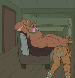 animal_feet anthro appliance areola areola_slip bdsm big_areola big_breasts bikini bikini_top bottomless breasts butt cabinet casual_nudity claws clothed clothed_female clothing colored_nails crossed_legs dominant dominant_female door door_handle drugs duo eyeshadow female forniphilia fridge furniture green_makeup green_nails head_on_tail holding_object hooves huge_breasts ineffective_clothing inside kitchen kitchen_appliance kneeling leaning leaning_backward lipstick living_footstool makeup male marijuana mature_anthro mature_female nails nude nude_male objectification open_mouth overweight peeling_paint reclining relaxing smoking sofa stain swimwear tail tail_pillow thick_thighs toe_claws two-piece_swimsuit axentooth illah_(axentooth) raymond_(axentooth) deer mammal rodent sciurid tree_squirrel hi_res
