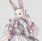 anthro clothed clothing female flower fully_clothed fur inner_ear_fluff plant smile solo tuft white_body white_fur smallyu beastars haru_(beastars) domestic_rabbit dwarf_rabbit lagomorph leporid mammal oryctolagus rabbit 2019