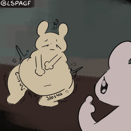 ambiguous_gender anthro belly big_belly dizzy duo holding_belly male onomatopoeia overweight rumbling_stomach sound_effects text white_body worried lspagf rain_world videocult gourmand_(rain_world) survivor_(rain_world) slugcat absurd_res hi_res