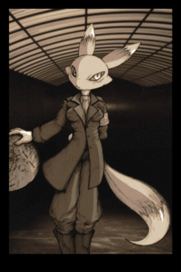 anthro black_border black_sclera boots border clothed clothing facial_markings female footwear fully_clothed fur globe head_markings markings nazi shoes solo tail uniform darkdoomer bandai_namco digimon canid canine digimon_(species) mammal renamon 2007 monochrome sepia