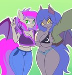 anthro big_breasts blue_hair breast_squish breasts breasts_frottage clothing duo female female/female green_eyes hair multicolored_hair peace_symbol pink_hair selfie squish swimwear two_tone_hair under_boob yellow_eyes funble hasbro my_little_pony racket_rhine windseeker_(oc) bat_pony equid mammal hi_res