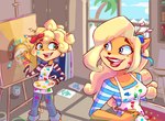 accessory anthro apron breasts brush clothing day detailed_background duo eye_contact eyeshadow female hair_accessory lipstick looking_at_another makeup open_mouth open_smile paintbrush painting simple_background smile window alex-toons activision crash_bandicoot_(series) coco_bandicoot tawna_bandicoot mammal marsupial 2020 hi_res