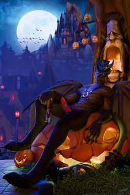 amber_eyes animal_genitalia animal_penis anthro claws clothing erection food fruit genitals grass harness harness_ring hat headgear headwear holidays horn leather leather_harness looking_at_viewer male membrane_(anatomy) membranous_wings moon night penis plant pumpkin scar solo text unusual_anatomy unusual_genitalia unusual_penis wings ethart blizzard_entertainment european_mythology halloween mythology warcraft dracthyr dragon humanoid mythological_creature mythological_scalie scalie western_dragon absurd_res artist_name hi_res