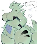 anthro big_breasts bracelet breasts fangs featureless_breasts female hands_on_hips heart_symbol jewelry simple_background solo spiked_bracelet spikes tail teeth thick_thighs white_background wide_hips togetoge nintendo pokemon generation_2_pokemon pokemon_(species) tyranitar hi_res signature