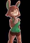 anthro black_background blush blush_stickers bottomwear breasts brown_body brown_eyes brown_fur brown_hair clothed clothing feet female fingers fur gesture green_clothing hair hand_gesture long_ears looking_at_viewer number open_mouth shirt shorts simple_background smile solo tail tank_top teeth text thumbs_up toes topwear c3ilin animal_crossing nintendo carmen_(animal_crossing) lagomorph leporid mammal rabbit digital_media_(artwork) hi_res