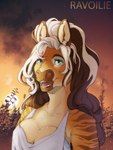 anthro blue_eyes breasts clothed clothing day detailed_background eyebrows eyelashes female hair open_mouth outside sky smile solo teeth tongue white_hair ravoilie equid equine mammal 2022 digital_media_(artwork)