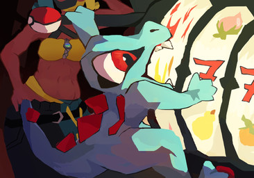 belt berry big_eyes bikini bikini_top blue_body clothing duo excited fangs female feral food fruit gambling leaning male male/female mask navel open_mouth pecha_berry plant pokemon_berry scales sitrus_berry slot_machine swimwear teeth two-piece_swimsuit doom_pidgeon nintendo pokemon pokemon_trainer amphibian crocodile crocodilian generation_2_pokemon pokemon_(species) reptile scalie totodile hi_res